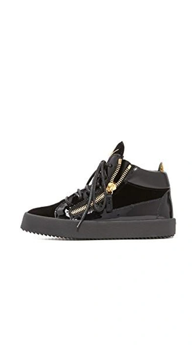 Shop Giuseppe Zanotti Leather And Velvet Trainers In Black