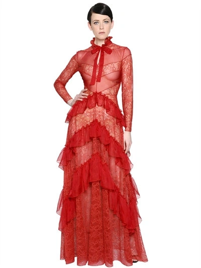 Zuhair Murad Ruffled Lace & Chiffon Dress, Red