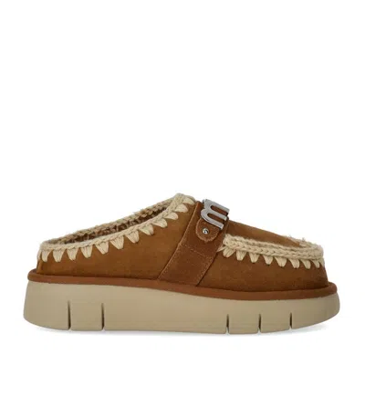 Mou Bounce Beige Mules With Logo Lettering And Open Rear In Leather Woman In Beige