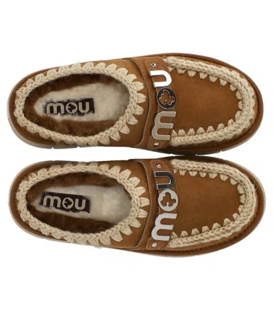 Mou Bounce Beige Mules With Logo Lettering And Open Rear In Leather Woman In Beige