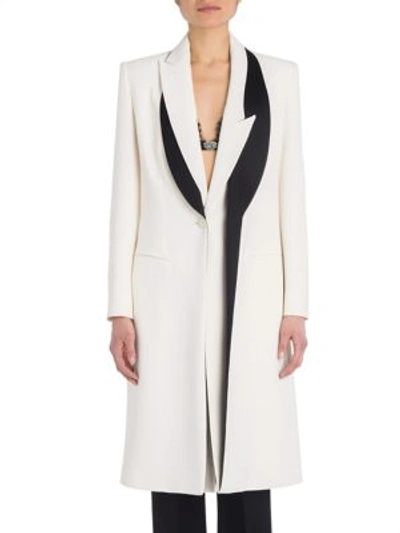 Alexander Mcqueen Asymmetric-lapel One-button Long Coat, Silk White/black In White-black