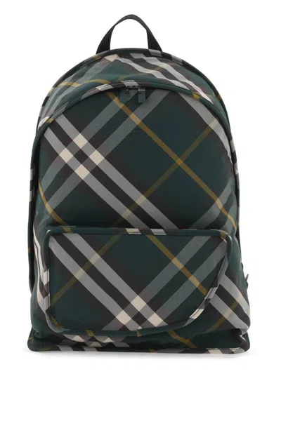 Burberry Check Pattern Shield Backpack With Front Zip In Green