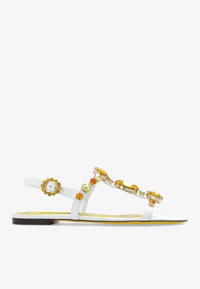 Dolce & Gabbana Bianca Crystal-embellished Patent-leather Sandals In White