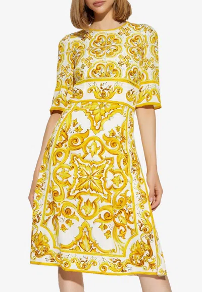Dolce & Gabbana Maiolica Printed Silk-blend Charmeuse Mini Dress In Yellow