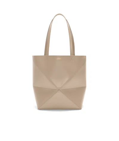 Loewe Medium Puzzle Fold Tote In Shiny Leather Skin For Woman In Nude
