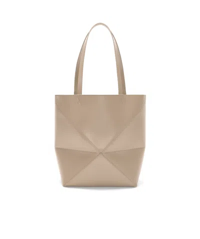 Loewe Medium Puzzle Fold Tote In Shiny Leather Skin For Woman In Nude