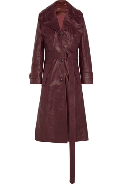 Vetements Belted Leather Trench Coat In Burgundy