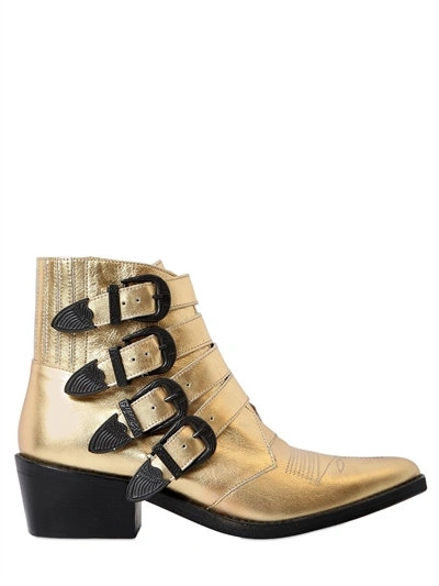 Shop Toga 50mm Metallic Leather Boots W/ Buckles In Gold
