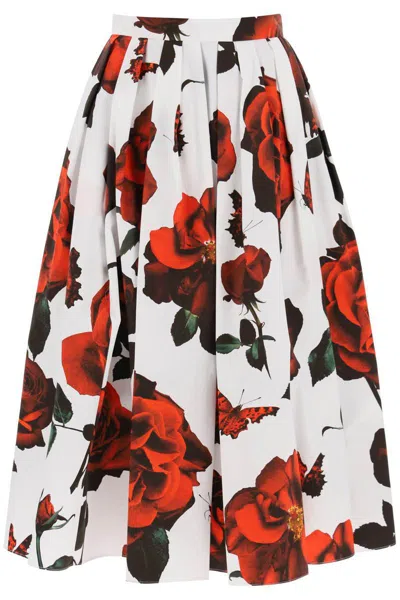 Alexander Mcqueen Tudor Rose-printed Pleated Skirt In White