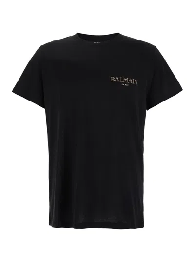 Balmain Black Crewneck T-shirt With Logo Print In Cotton Man