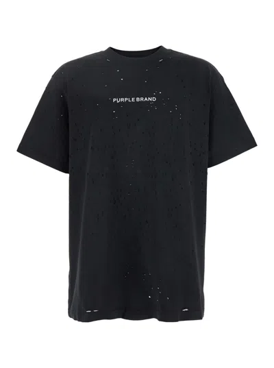 Purple Brand Black Crewneck T-shirt With Logo Lettering On The Front In Cotton Man In Black