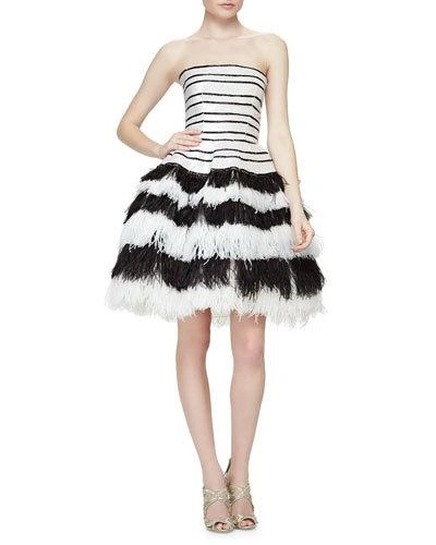 Oscar De La Renta Striped Sequined Feather-tiered Fit-and-flare Dress, Black/white