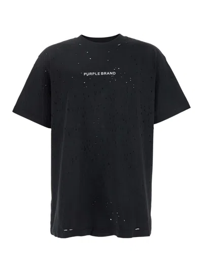 Purple Brand Black Crewneck T-shirt With Logo Lettering On The Front In Cotton Man In Black