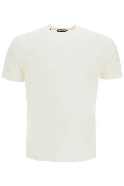 Tom Ford White Crewneck T-shirt With Tf Embroidery In Lyocell And Cotton Blend Man In Neutral