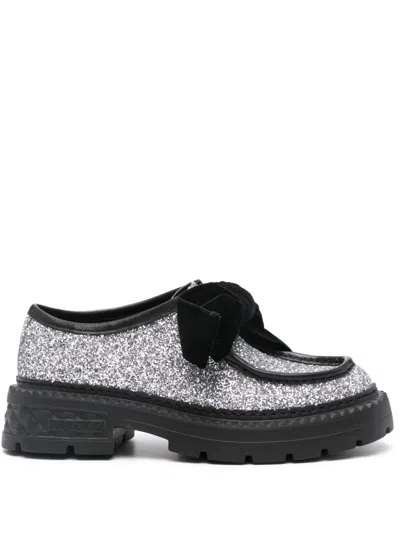 Jimmy Choo Marlow Glittered Velvet Bow Loafers In Silver