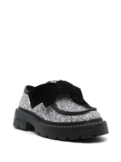 Jimmy Choo Marlow Glittered Velvet Bow Loafers In Silver