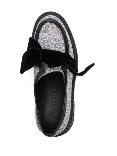 Jimmy Choo Marlow Glittered Velvet Bow Loafers In Silver