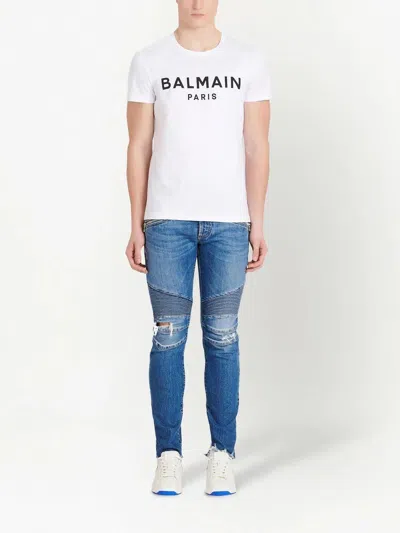 Balmain White Crewneck T-shirt With Contrasting Logo Lettering Print In White