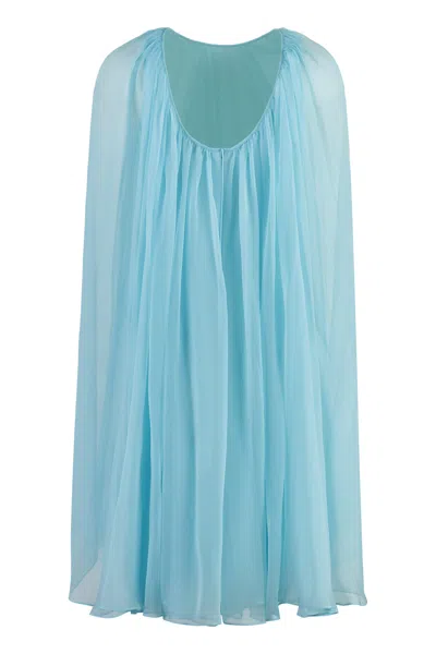 Max Mara Women Mini Light Blue Dress With Drawstring In Silk Chiffon Woman
