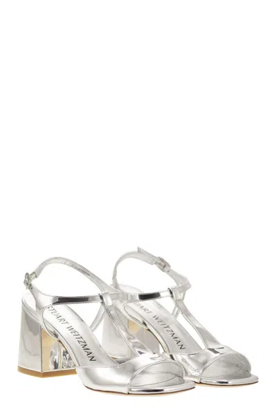 Stuart Weitzman Minimalist Flareblock 85 Mirrored Leather T-sandal