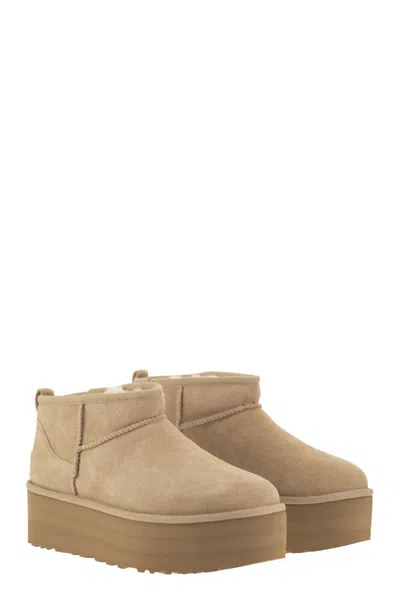 Ugg Womens Beige Classic Ultra Mini Suede And Shearling Platform Ankle Boots Eur 41 / 8 Uk