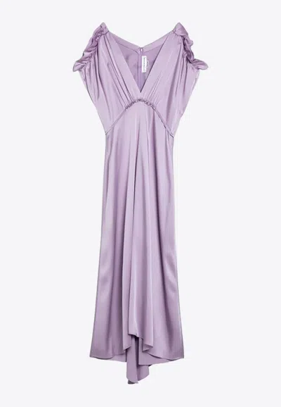 VICTORIA BECKHAM V-NECK RUFFLED SATIN MIDI DRESS 