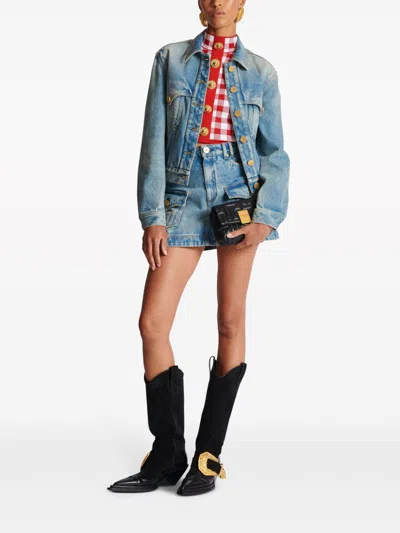 Balmain Cropped Button-embellished Gingham Knitted Top In Red
