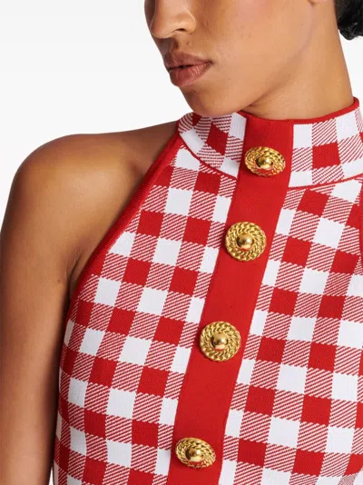 Balmain Cropped Button-embellished Gingham Knitted Top In Red