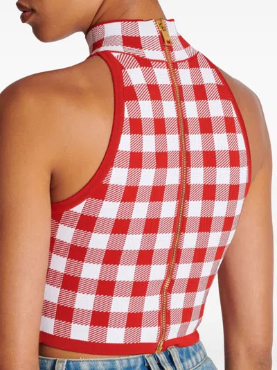 Balmain Cropped Button-embellished Gingham Knitted Top In Red