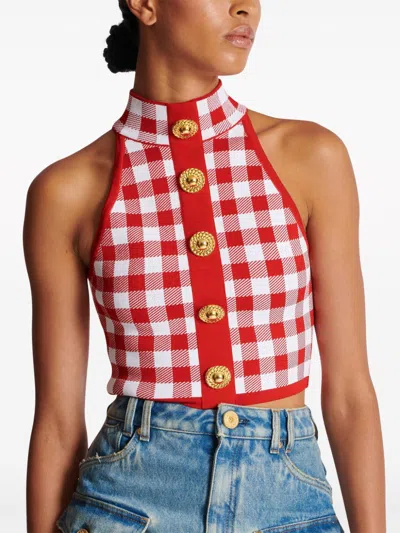 Balmain Cropped Button-embellished Gingham Knitted Top In Red