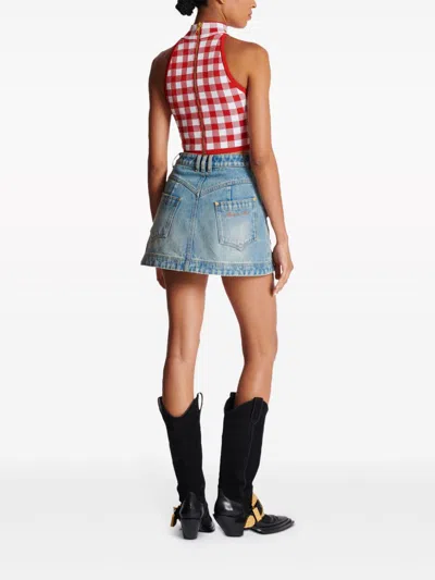 Balmain Cropped Button-embellished Gingham Knitted Top In Red