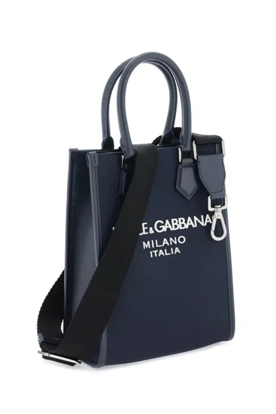 Dolce & Gabbana Navy Small Nylon And Leather Trim Tote Bag With Rubberized Logo For Men In Blue