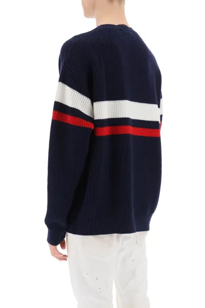 Dsquared2 Wool Crew-neck Sweater With Logoed Patch In Blue