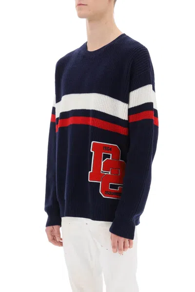 Dsquared2 Wool Crew-neck Sweater With Logoed Patch In Blue