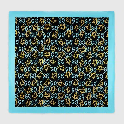 Gucci Ghost Black Blue Gg Star Modal Silk Large Scarf Shawl W/box In Black Blue