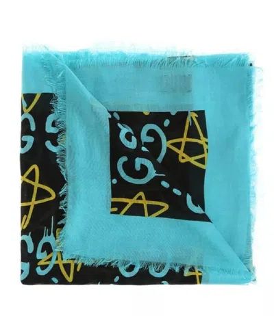 Gucci Ghost Black Blue Gg Star Modal Silk Large Scarf Shawl W/box In Black Blue