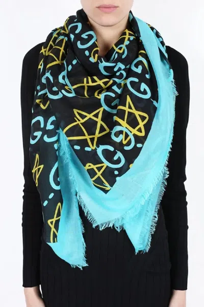 Gucci Ghost Black Blue Gg Star Modal Silk Large Scarf Shawl W/box In Black Blue