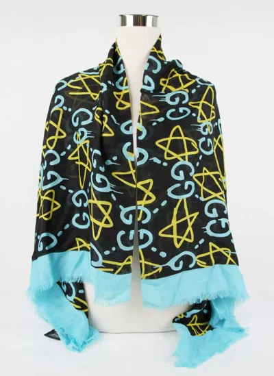 Gucci Ghost Black Blue Gg Star Modal Silk Large Scarf Shawl W/box In Black Blue