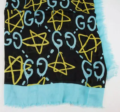 Gucci Ghost Black Blue Gg Star Modal Silk Large Scarf Shawl W/box In Black Blue