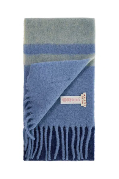 Marni Block Frayed Knitted Mohair Wool Scarf In Blue