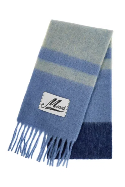 Marni Block Frayed Knitted Mohair Wool Scarf In Blue