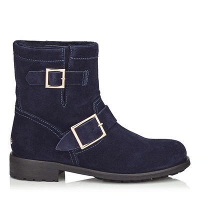 Jimmy Choo Youth Navy Suede Biker Boots With Shearling Lining