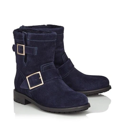Shop Jimmy Choo Youth Navy Suede Biker Boots With Shearling Lining