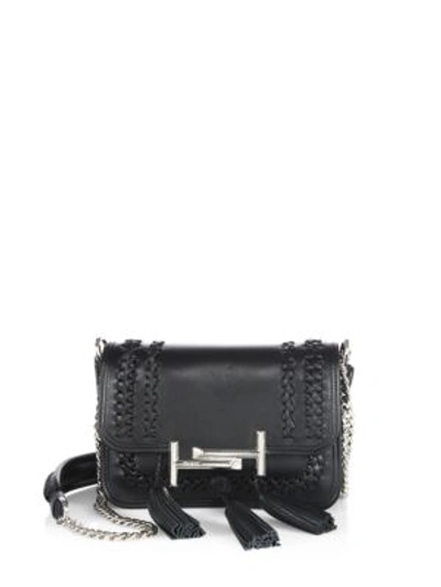 Tod's Double T Small Tasseled Whipstitched Leather Shoulder Bag In Black
