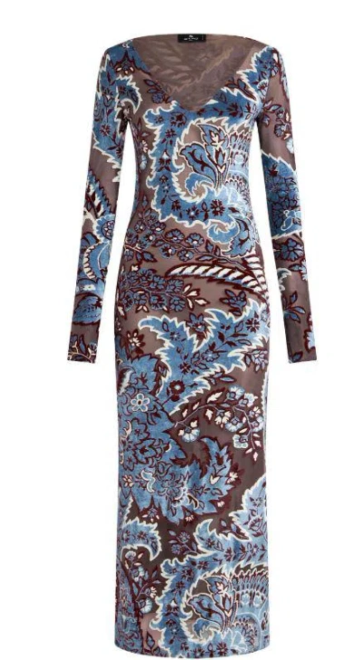 Etro Blue Long Dress With All-over Paisley Motiv In Viscose Blend In Multicolor