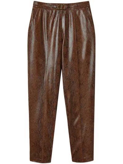 Twinset Snake-effect Cropped Trousers In Coffee/black