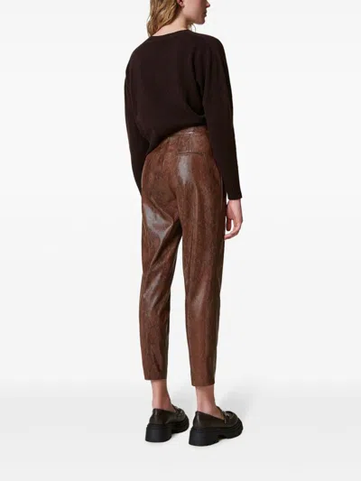 Twinset Snake-effect Cropped Trousers In Coffee/black