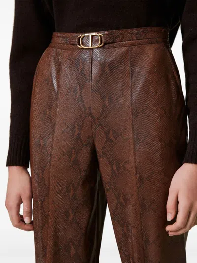 Twinset Snake-effect Cropped Trousers In Coffee/black