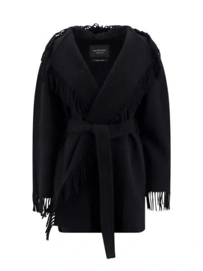 Balenciaga Hooded Fringe Oversized Self-tie Wool Jacket
