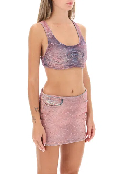Diesel De-toppy-fsd Denim Cropped Top With Rhinestones